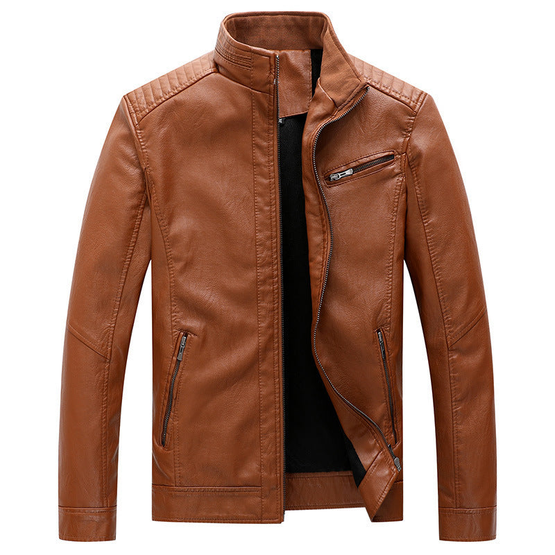 Men's Slim-Fit Leather Look Moto Jacket with Stand-Up Collar and Zipper Pockets Chichicherry