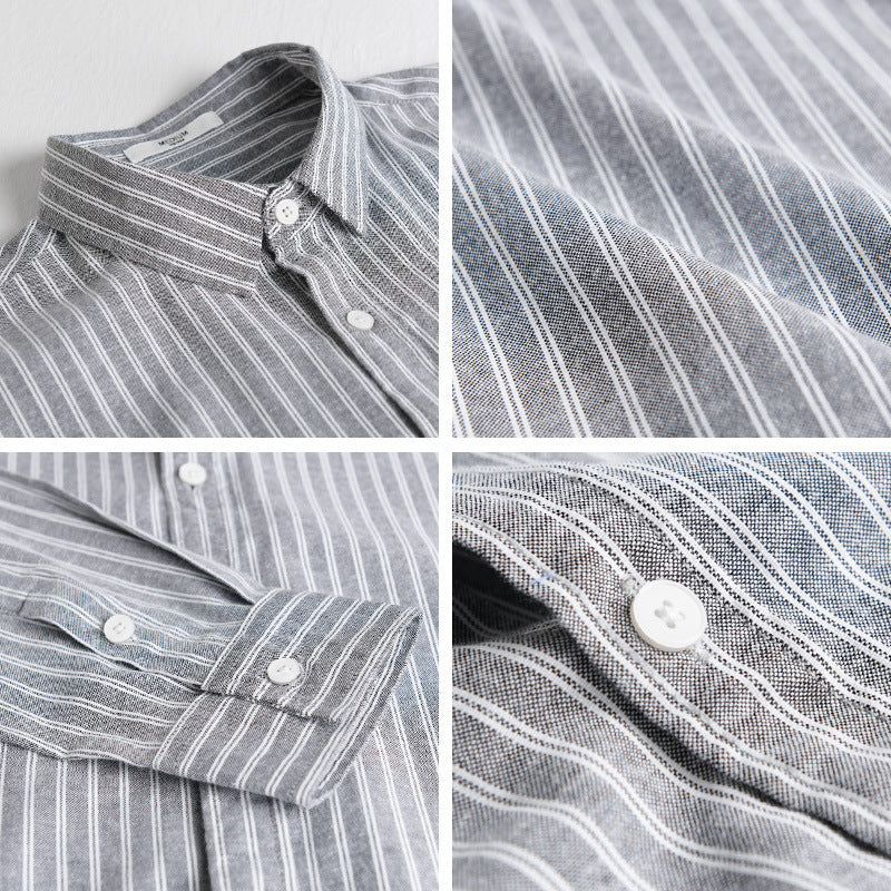 Men's Casual Linen-Cotton Long Sleeve Shirt with Fine Pinstripe, Easy-Care Finish and Curved Hem Chichicherry