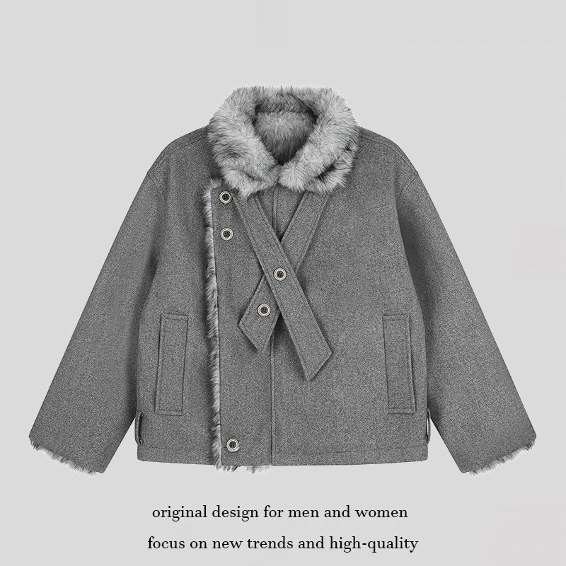 Women's short wool jacket with faux fur trim and asymmetric button placket Chichicherry