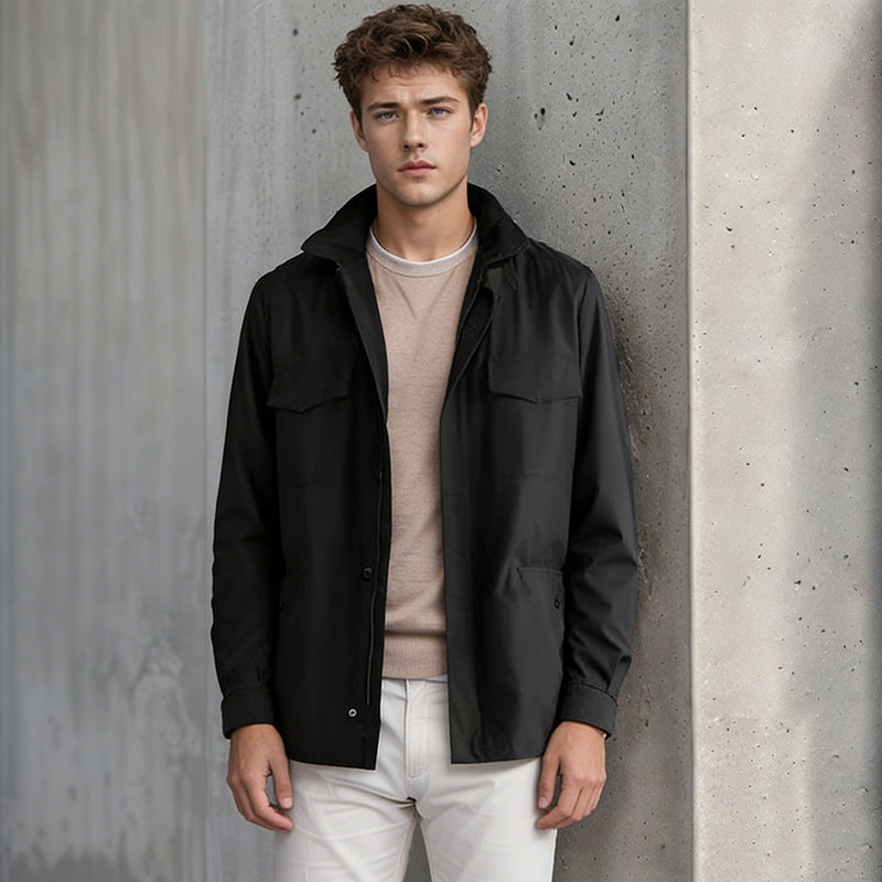 Men's utility field jacket with concealed zipper, snap button placket, and multifunctional pockets Chichicherry
