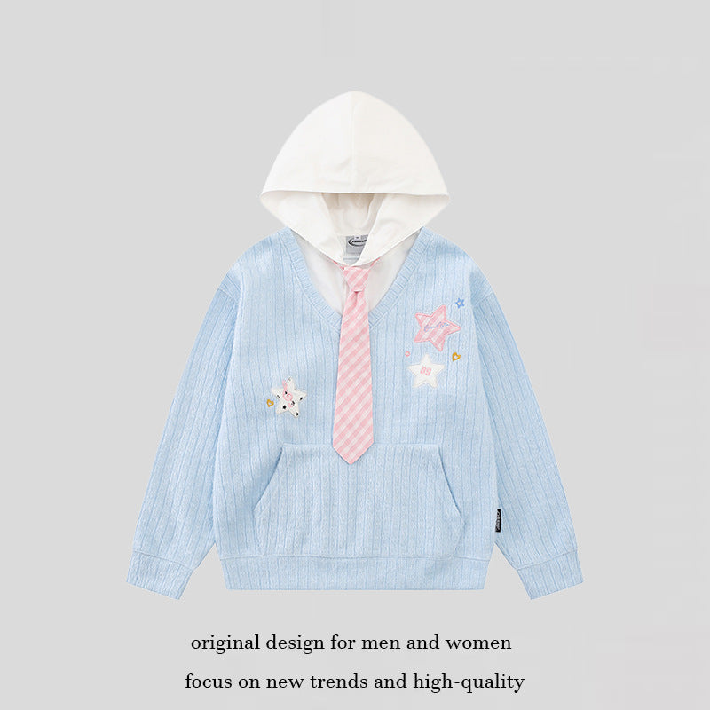 Women's hoodie with V-neck, attached tie application and star patches Chichicherry