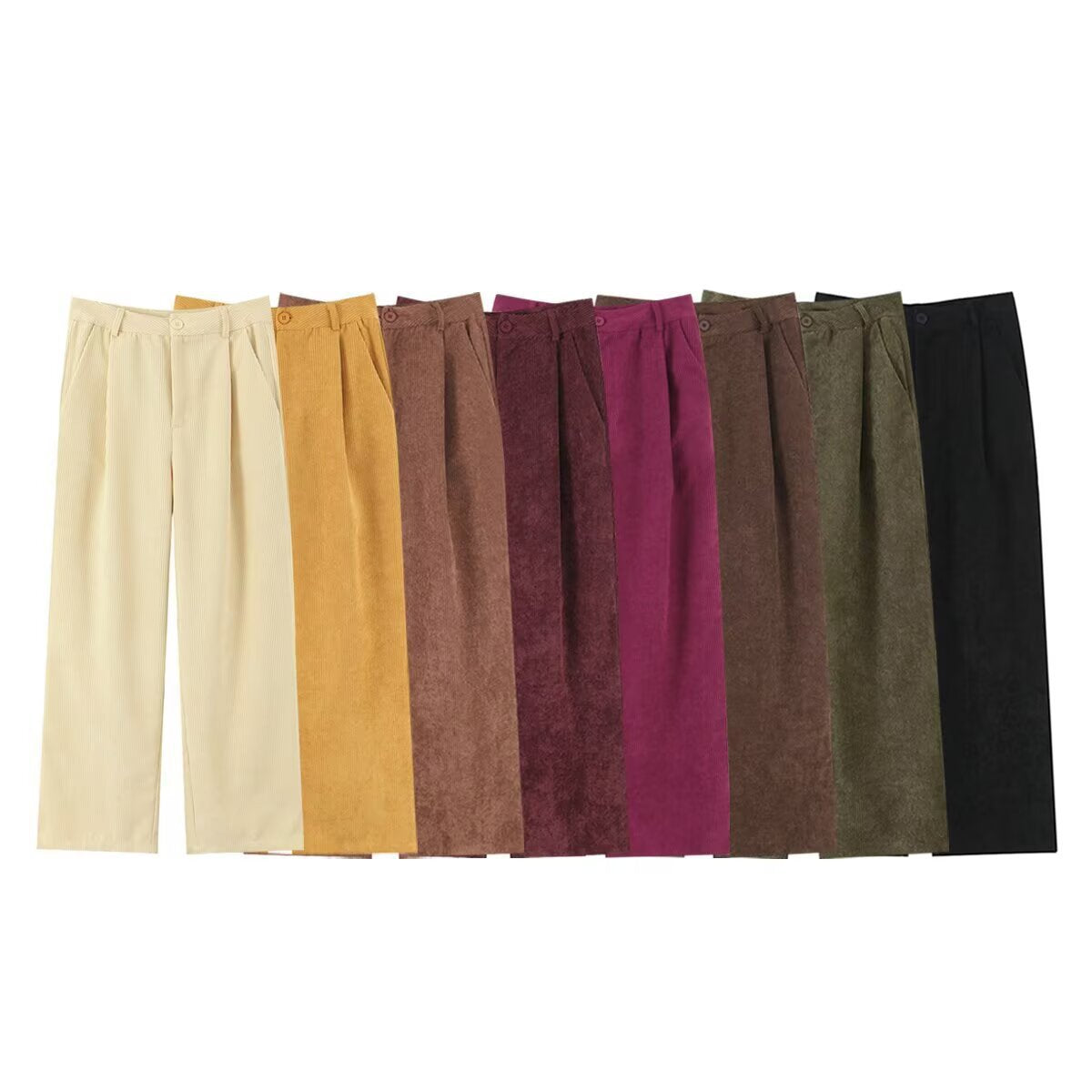 Women High-Waisted Cord Pants with Wide Leg and Pleats Chichicherry
