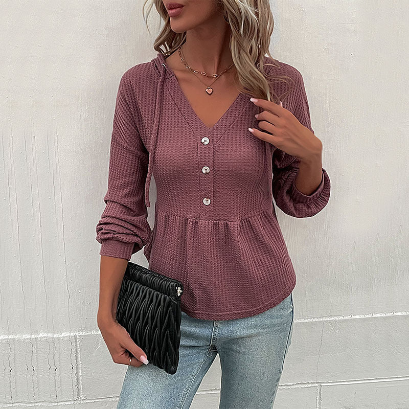 Women's Waffle Knit Hoodie Blouse with V-Neck, Button Placket and Gathered Waist Band