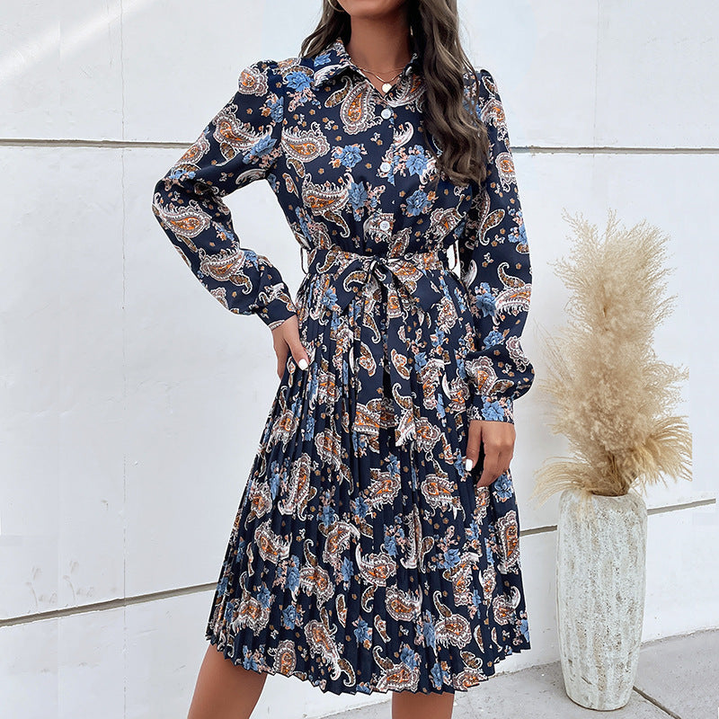 Women's shirt dress with paisley print, waist belt and pleated skirt Chichicherry