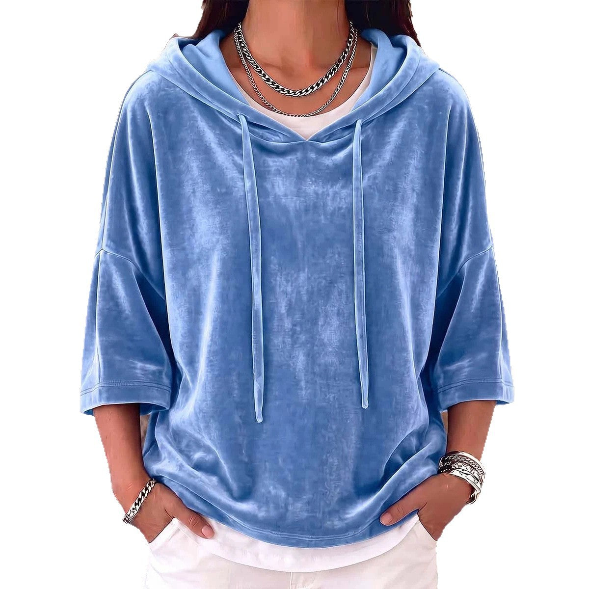 Women's Velvet Hooded Pullover with Oversize Cut and Three-Quarter Sleeves Chichicherry