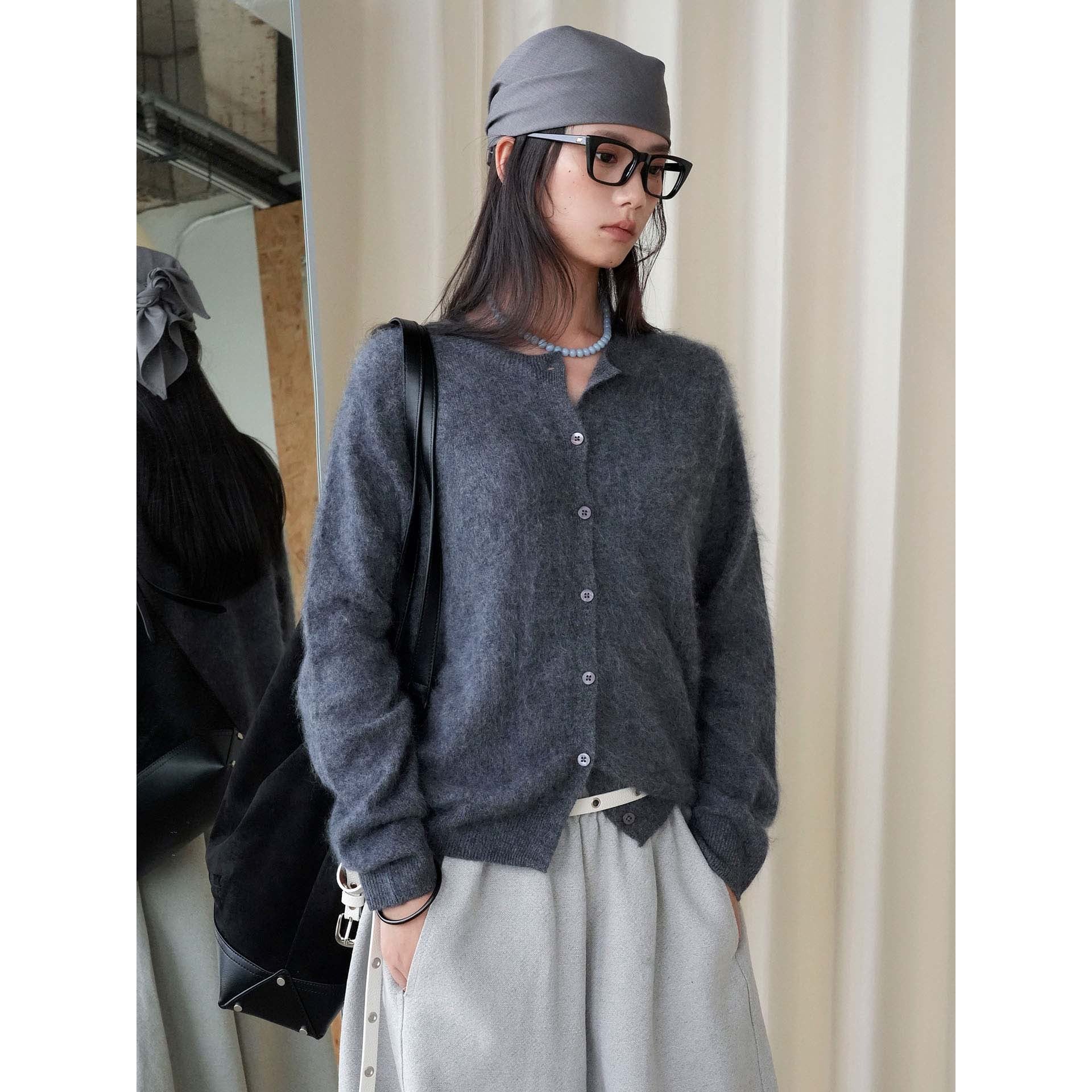 Women's short cardigan made of fluffy mohair mix with button placket and round neck