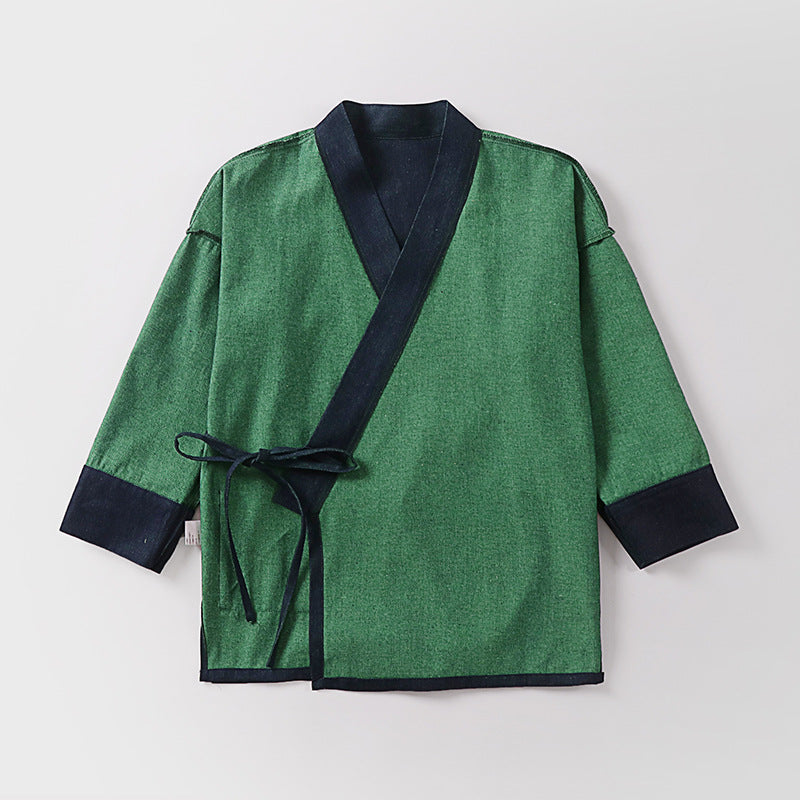 Unisex Lightweight Wrap Kimono Jacket made of Linen-Cotton Blend with Contrast Trim and Tie Belt Chichicherry
