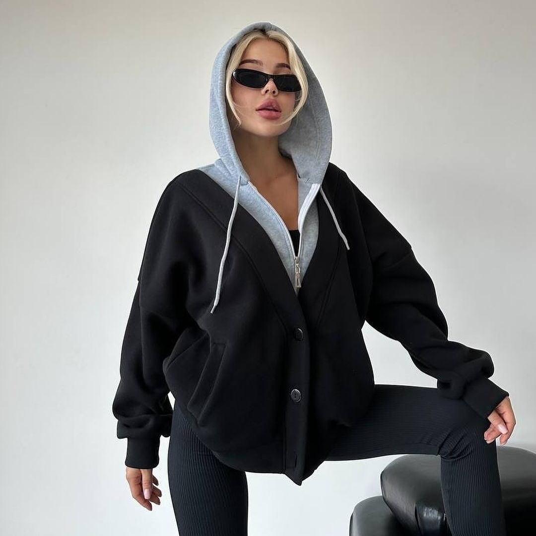 Damen Oversized Kapuzenjacke mit Druckknopfverschluss und Eingrifftaschen Chichicherry