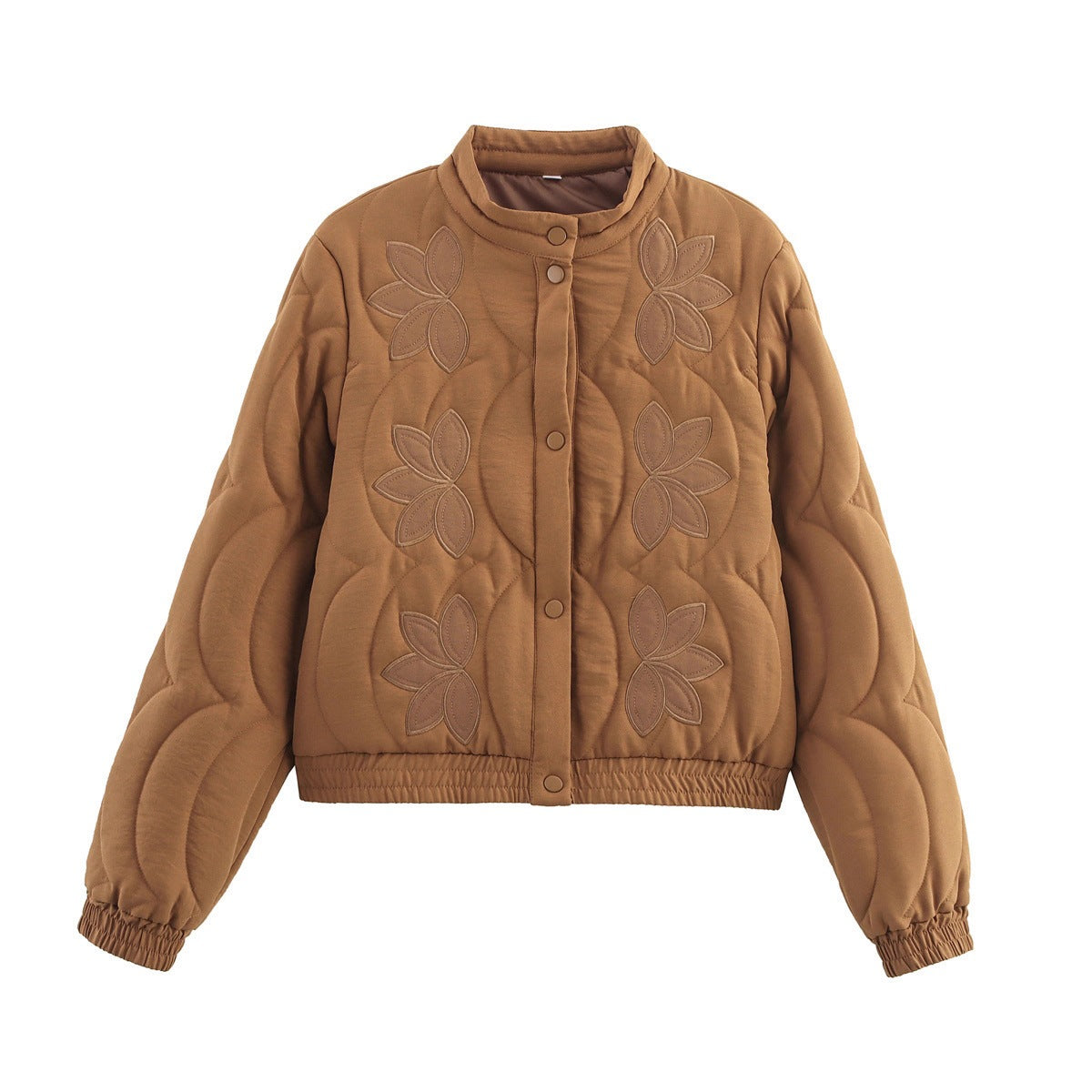 Women's Short Cut Quilted Jacket with Flower Applique and Stand-Up Collar Chichicherry