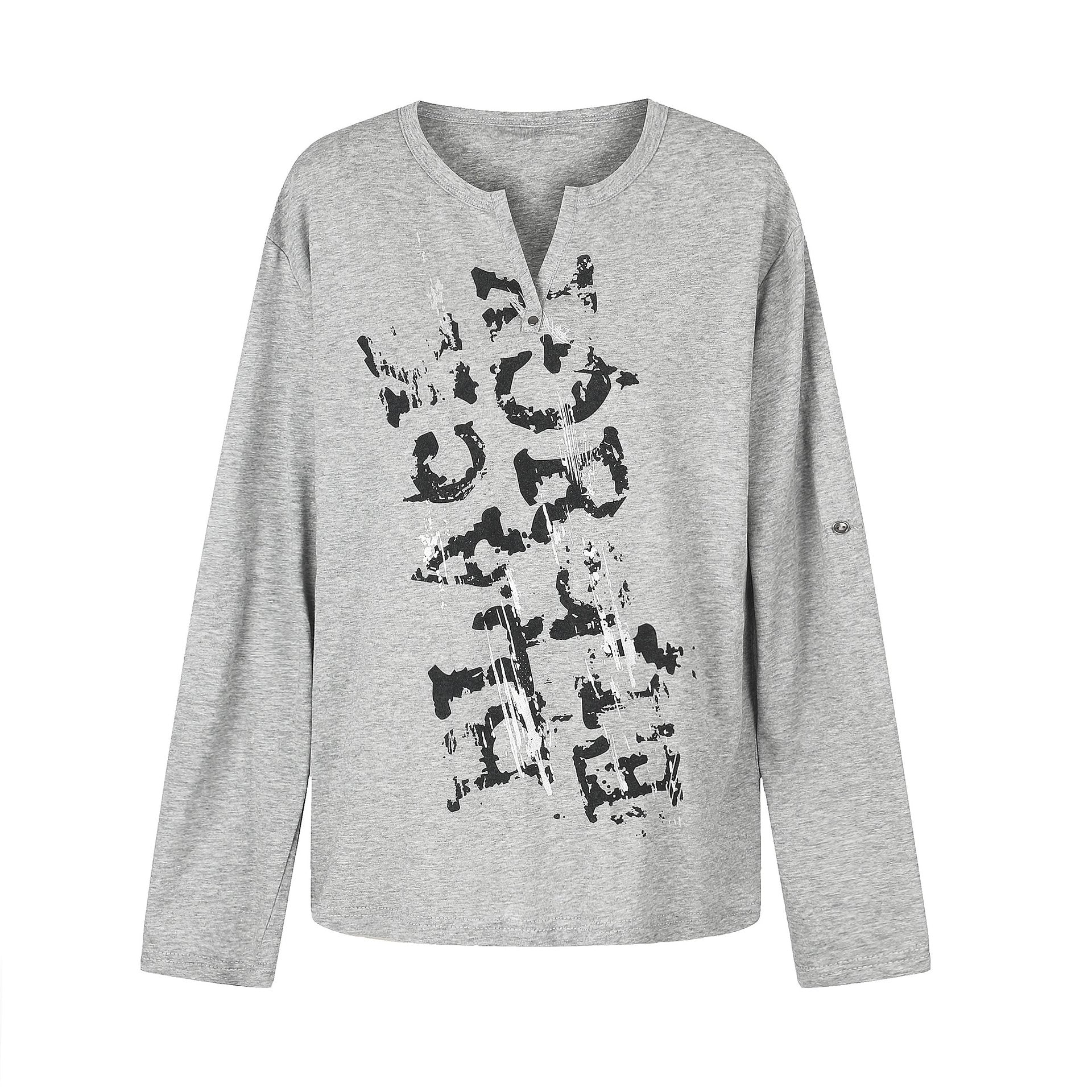 Women Casual Long Sleeve Shirt with Notch Neckline, Oversized Silhouette and Print Graphic Chichicherry