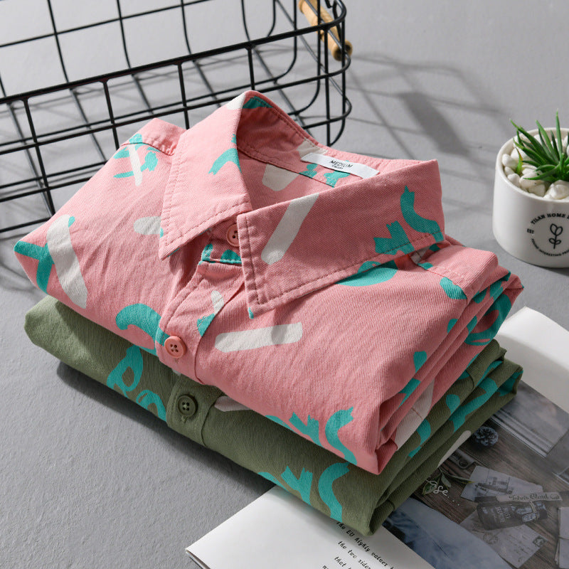 Men's Loose Cotton Overshirt with Graphic Allover Print and Kent Collar Chichicherry