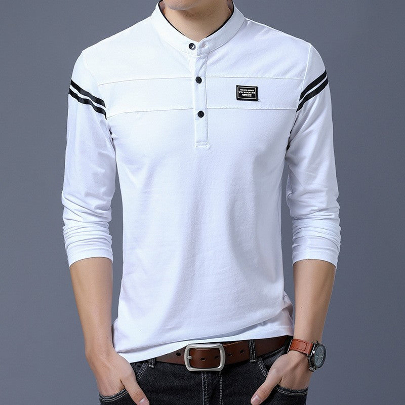 Men's Slim-Fit Long Sleeve Henley with Stand Collar and Shoulder Stripes Chichicherry