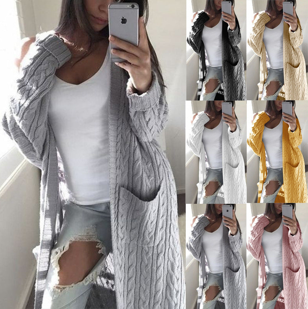 Women Long Oversize Cable Knit Cardigan with Pockets Chichicherry