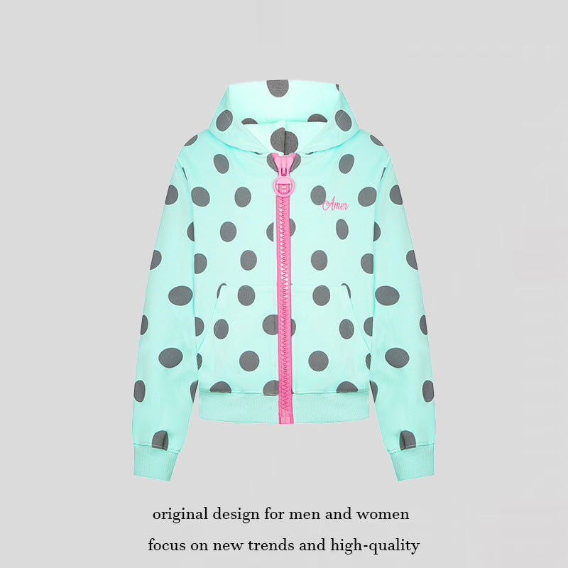 Women's cropped hooded zip jacket with large polka dot pattern and decorative zipper Chichicherry