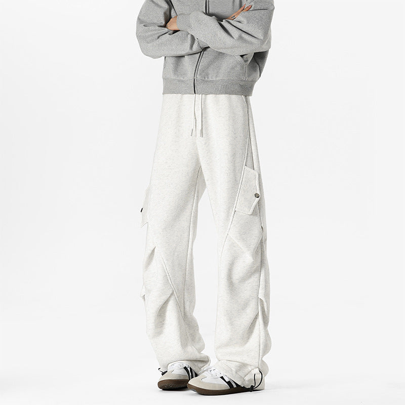 Men's Casual Cargo Fleece Pants with Wide Leg, Drawstring Waistband and Patch Flap Pockets Chichicherry