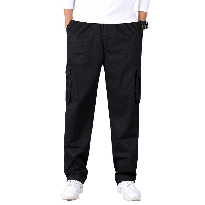 Men's loose cargo pants with elastic drawstring waistband, flap pockets & straight leg Chichicherry