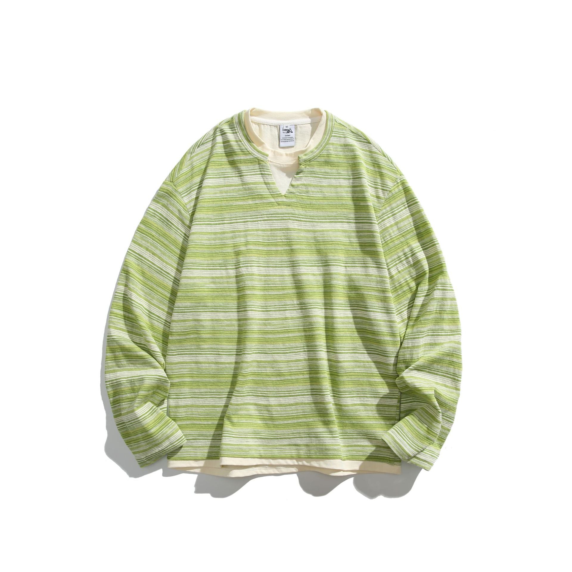 Unisex Striped Long Sleeve Shirt with V-Notch and Layer Effect Chichicherry