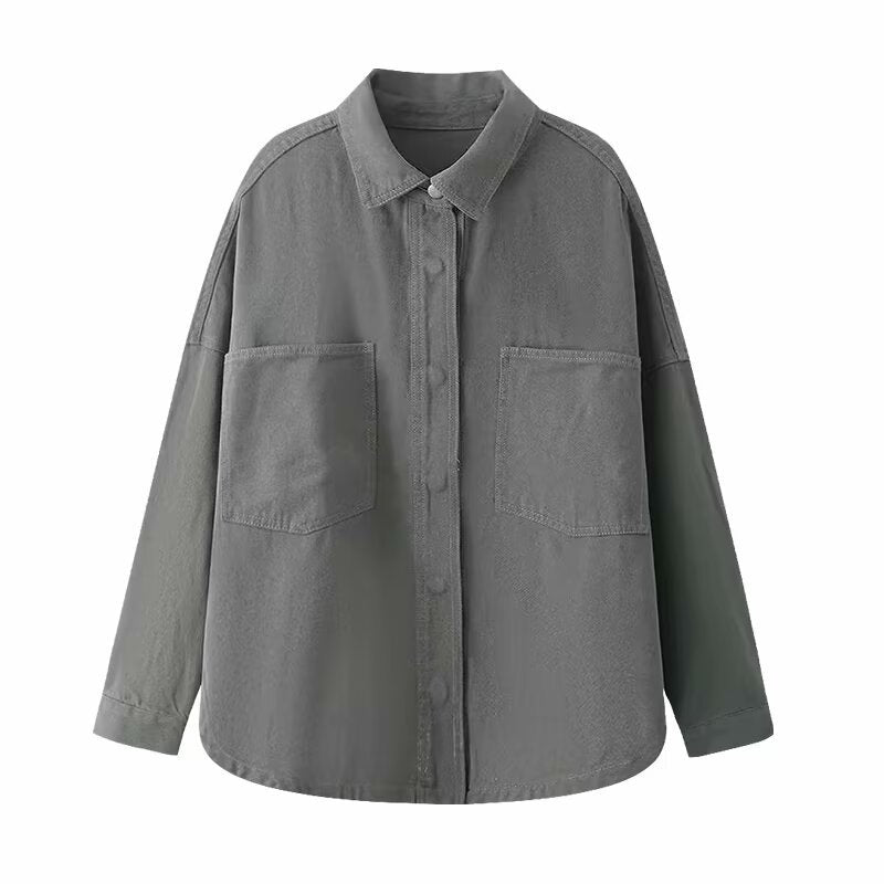 Women's Oversize Jeans Shirt Jacket in Boxy Cut with Patch Chest Pockets and Rounded Hem Chichicherry