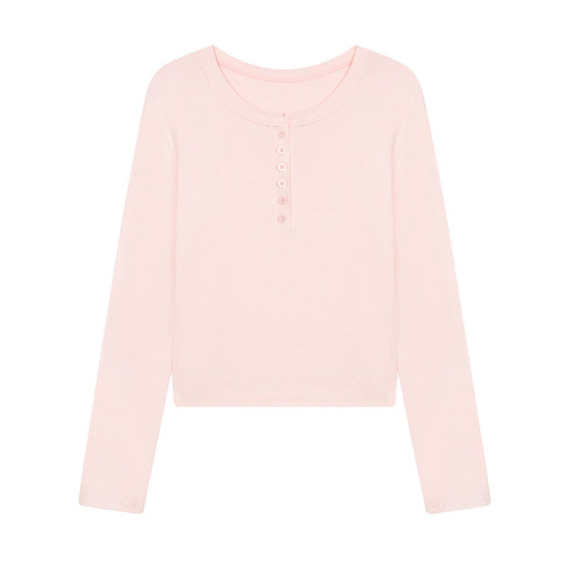 Women's short-cut Henley long-sleeve shirt made of cotton jersey with button placket Chichicherry