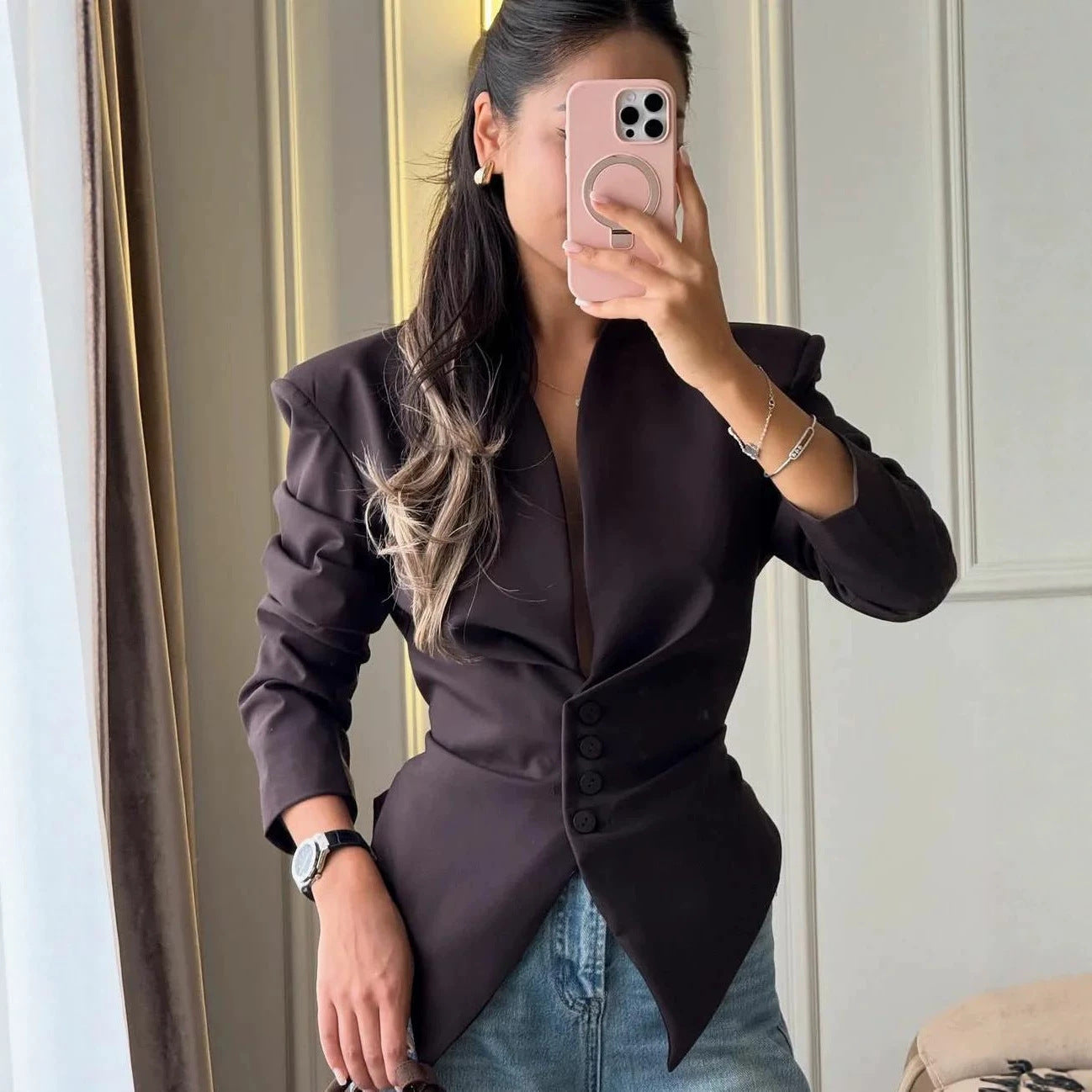 Women's Tailored Blazer with Pointed Hem and Deep V-Neck Chichicherry