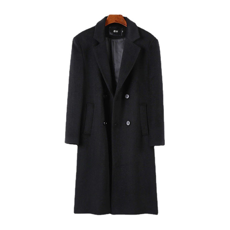 Men's Elegant Wool Blend Long Coat with Double-Breasted Front and Draped Lapel Chichicherry