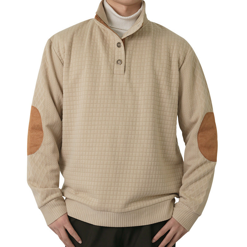 Men's waffle knit half-zip sweater with stand-up collar, leather accents, and elbow patches Chichicherry