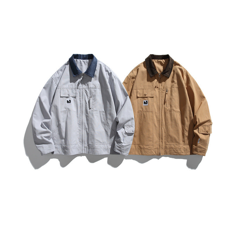 Men's Boxy Workwear Blouson Jacket with Contrast Collar and Multiple Pockets Chichicherry