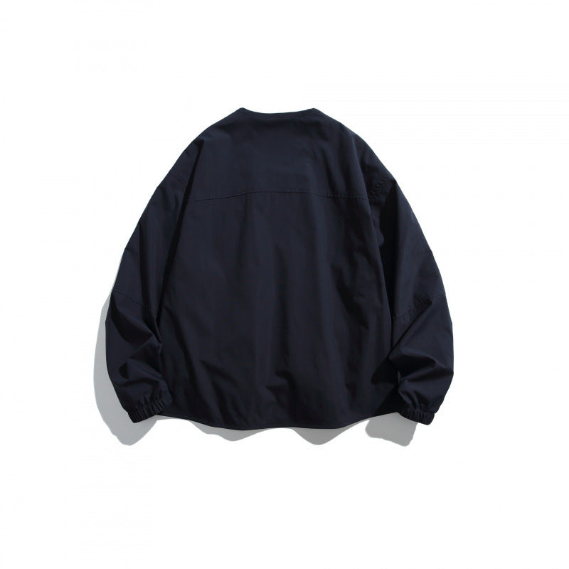 Unisex Lightweight Oversize Utility Jacket without Collar with Front Zipper and Patch Pockets Chichicherry