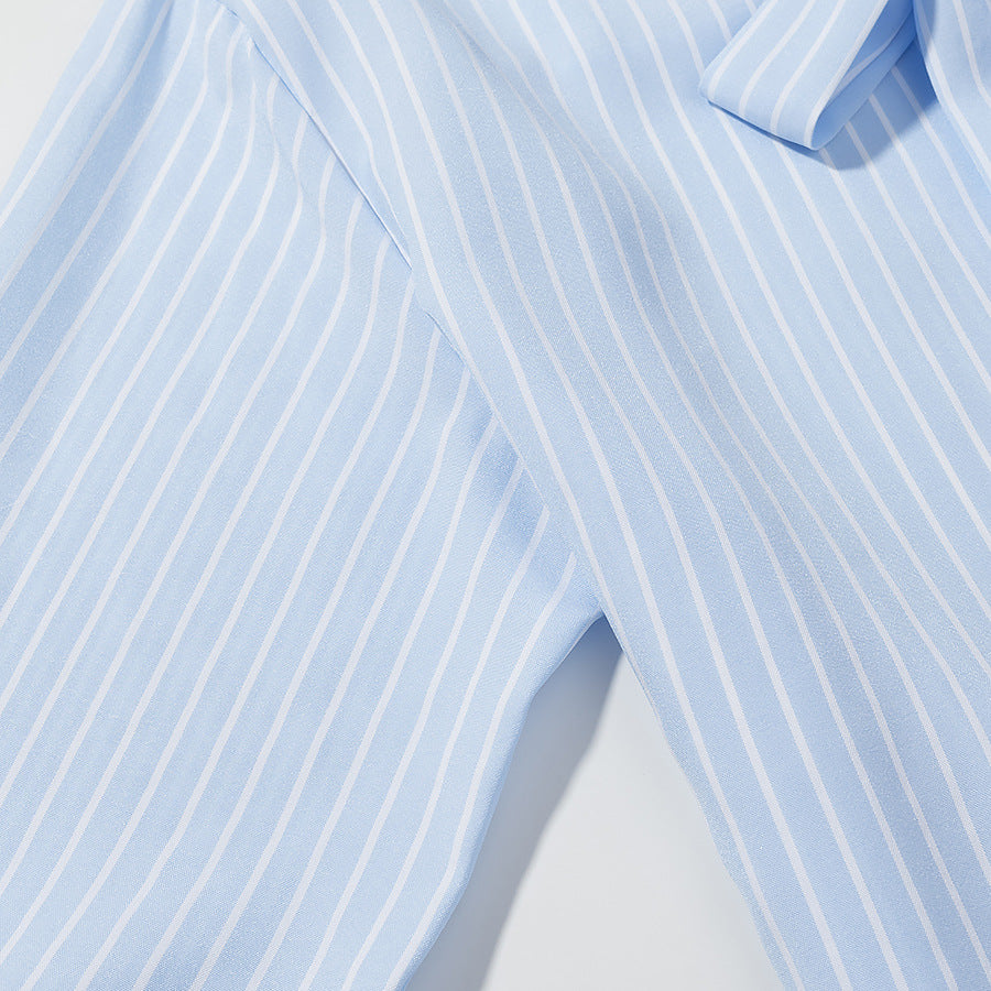 Women Striped Blouse with Bow Collar and Full Button Placket Chichicherry