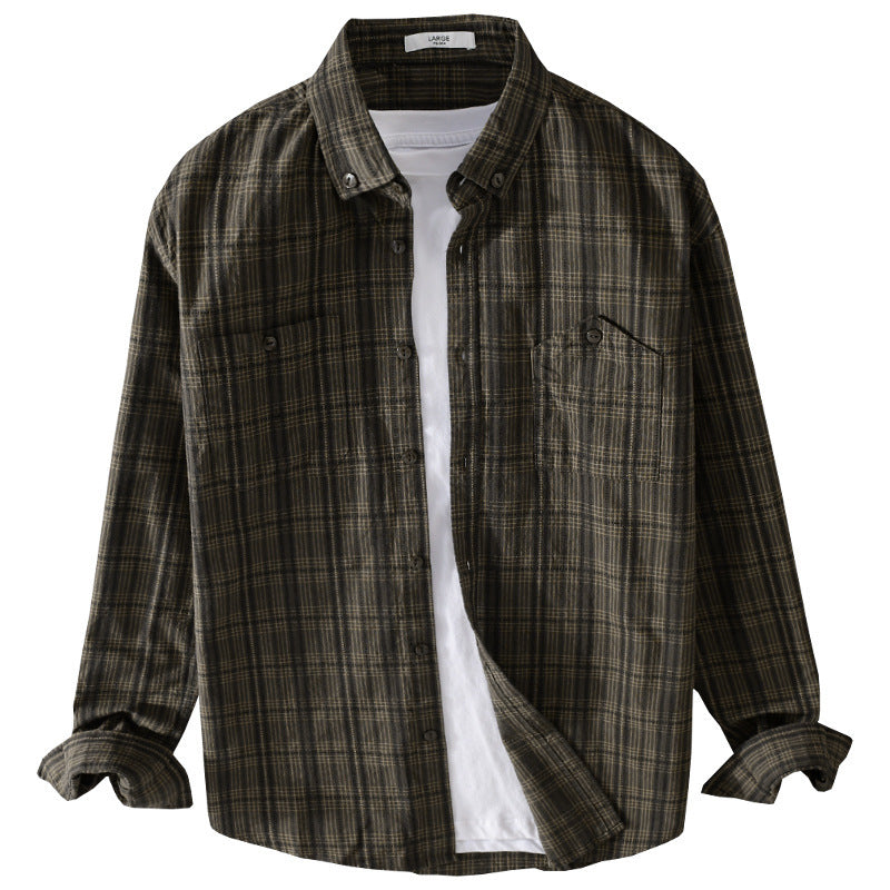Men's Checked Flannel Overshirt with Button-Down Collar and Patch Chest Pockets Chichicherry