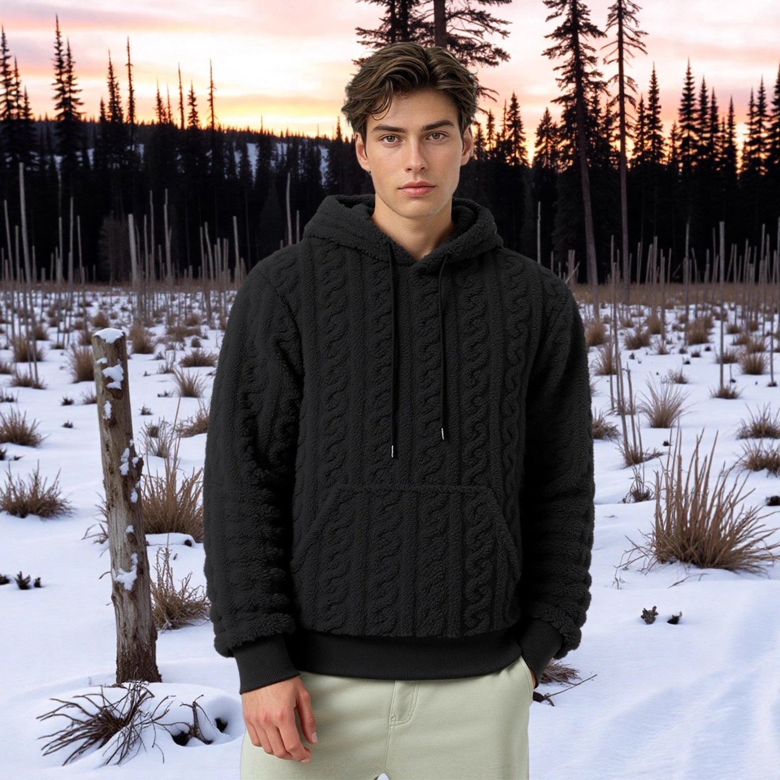 Men's fluffy sherpa hoodie with cable knit pattern, kangaroo pocket and ribbed cuffs Chichicherry