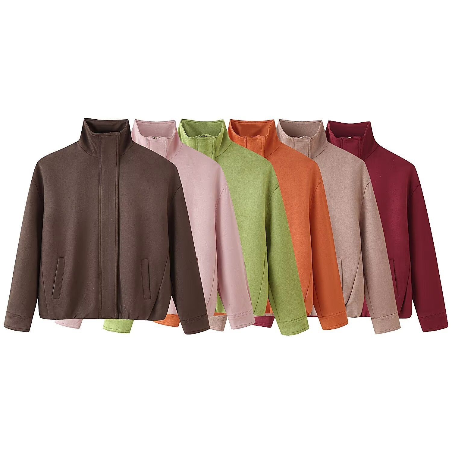 Women's Boxy Short Jacket with High Stand Collar and Concealed Zipper Chichicherry