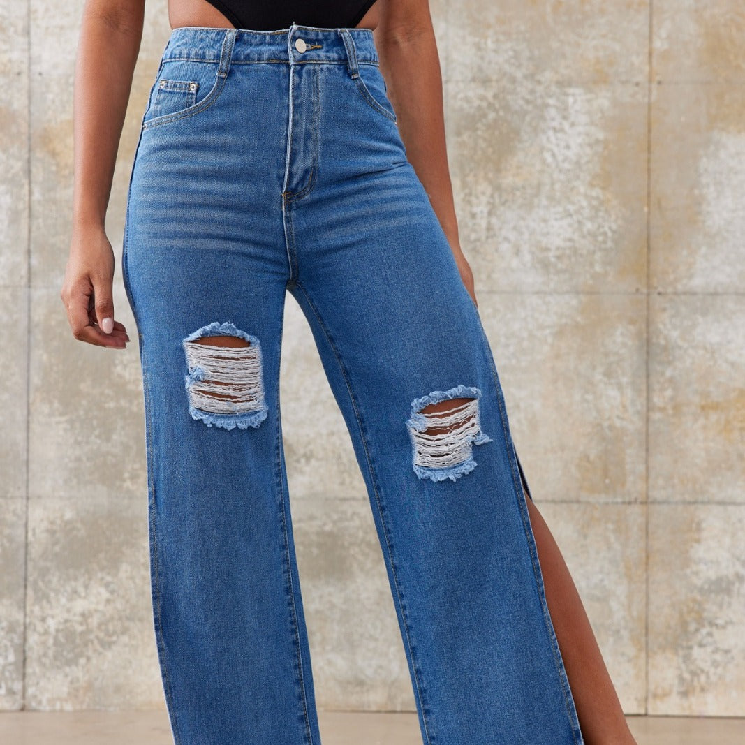 Women's high-waisted wide-leg jeans with large knee rips and side leg slits Chichicherry