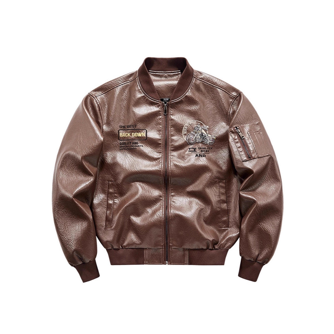 Men's faux leather bomber jacket with warming fleece lining, motorcycle embroidery and sleeve pocket Chichicherry