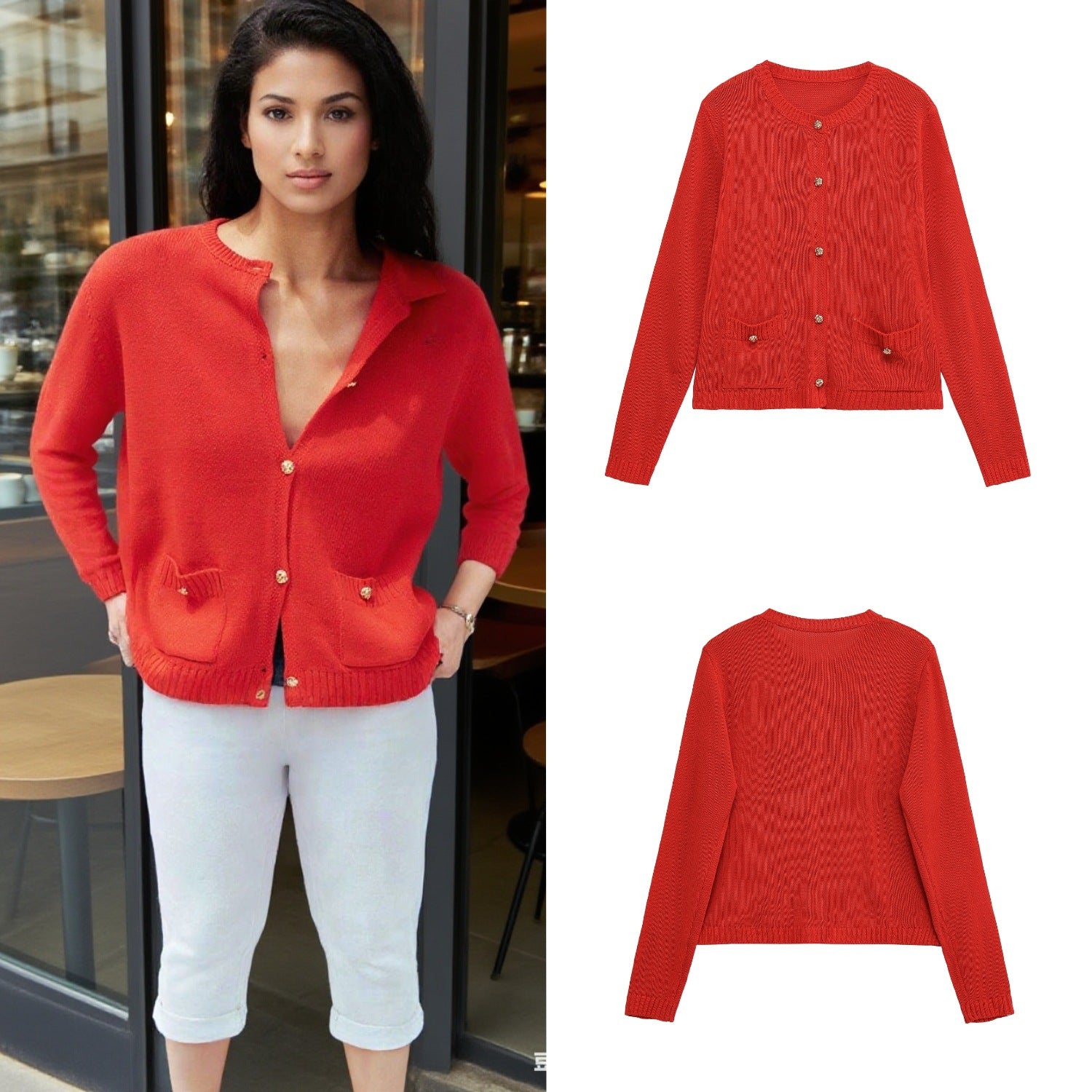 Women Fine Knit Cardigan with Decorative Buttons, Round Neckline and Patch Pockets Chichicherry