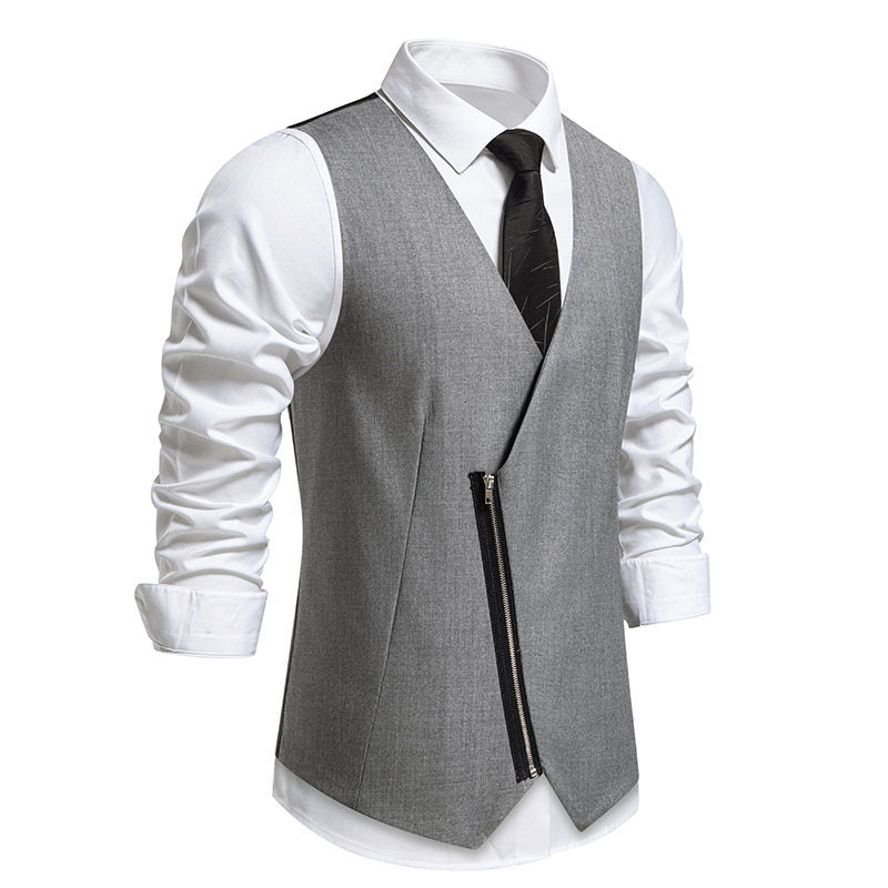 Men's Tailored Vest with Asymmetric Zipper and V-Neck Chichicherry