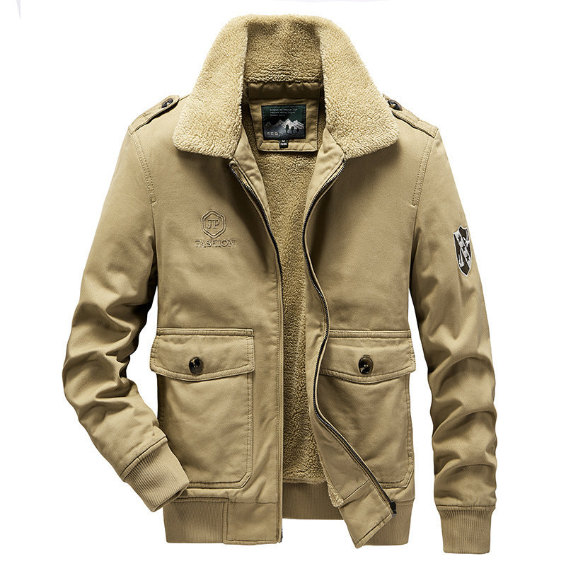 Men's short pilot-style jacket with Sherpa collar, patch pockets, and zipper Chichicherry