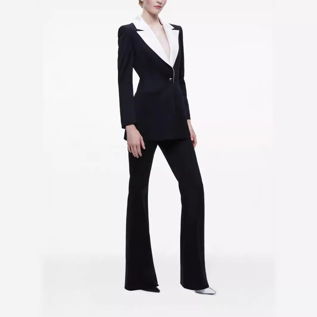 Ladies Elegant Two-Piece Tuxedo Set with Contrasting Shawl Collar and Flared Trouser Chichicherry