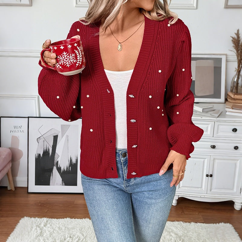 Women Pearl-Embellished Chunky Knit Cardigan with V-Neck Chichicherry
