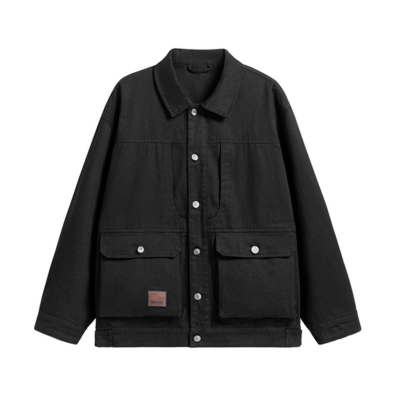 Men's Oversize Canvas Utility Jacket with Applied Multi-Functional Pockets and Snap Button Placket Chichicherry