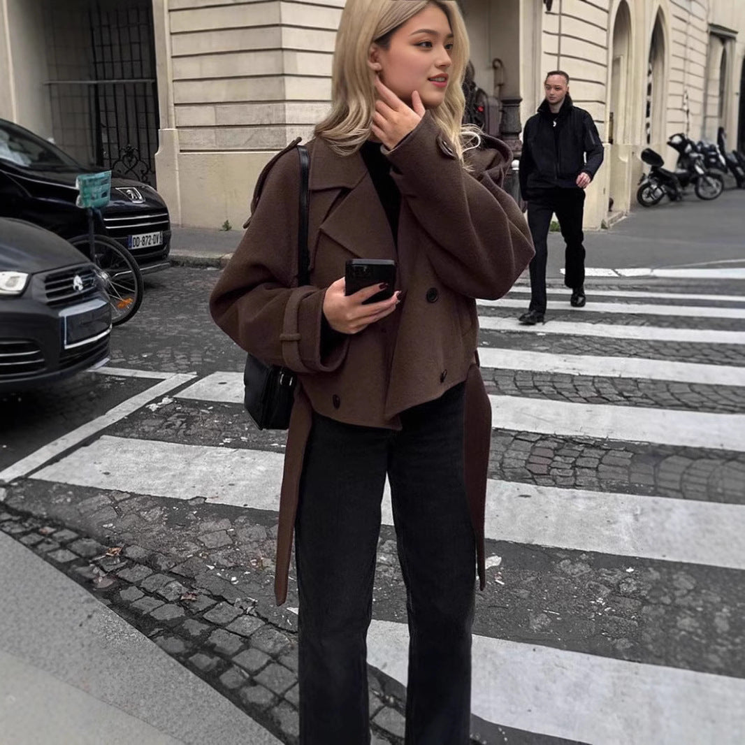 Women Short Wool Coat with Oversized Collar, Double-Breasted Button Placket and Tie Belt Chichicherry