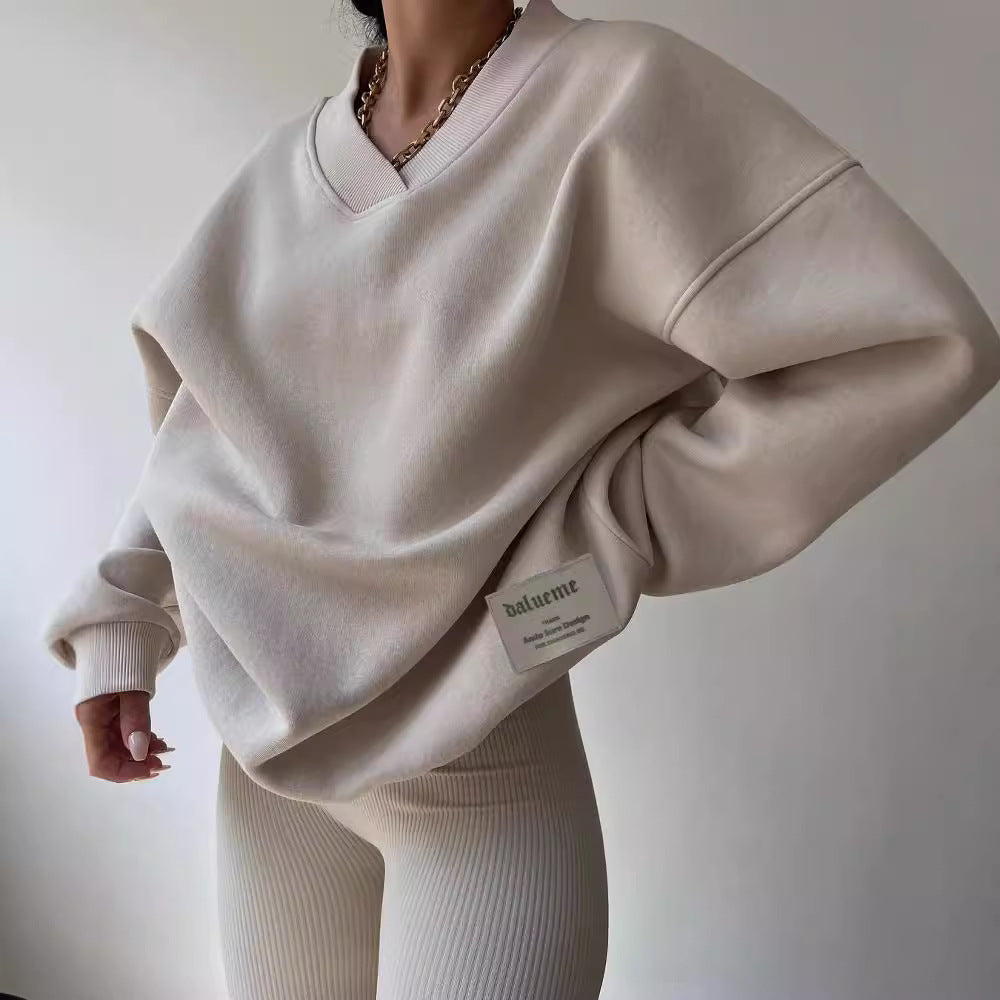 Damen Oversized Sweatshirt mit V-Ausschnitt und geripptem Kragen Chichicherry