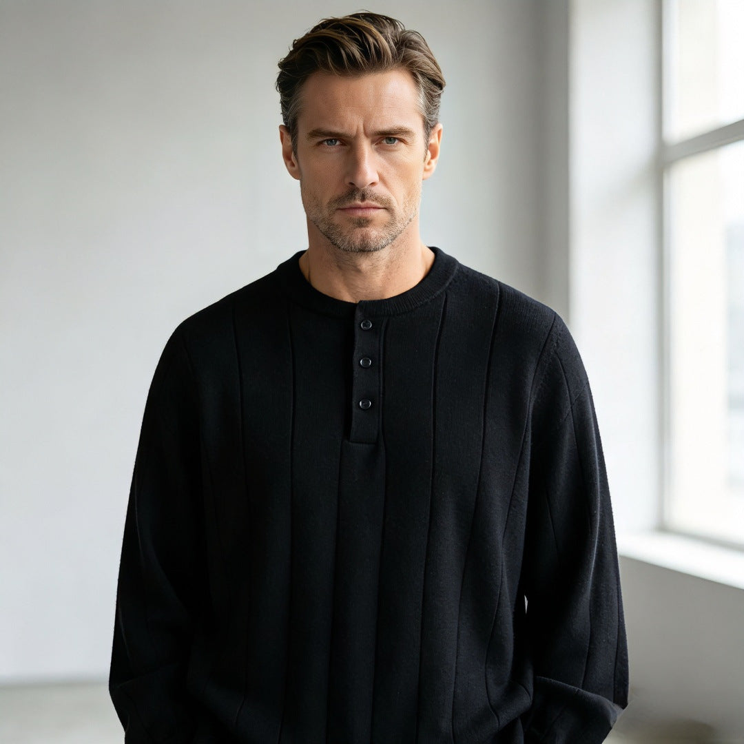 Unisex Oversized Strukturierter Henley-Strickpullover mit vertikaler Rippenstruktur und halber Knopfleiste Chichicherry