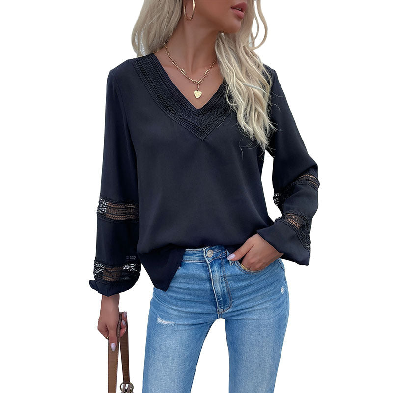Ladies satin blouse with V-neck, decorative lace yoke and sleeves with lace insert Chichicherry