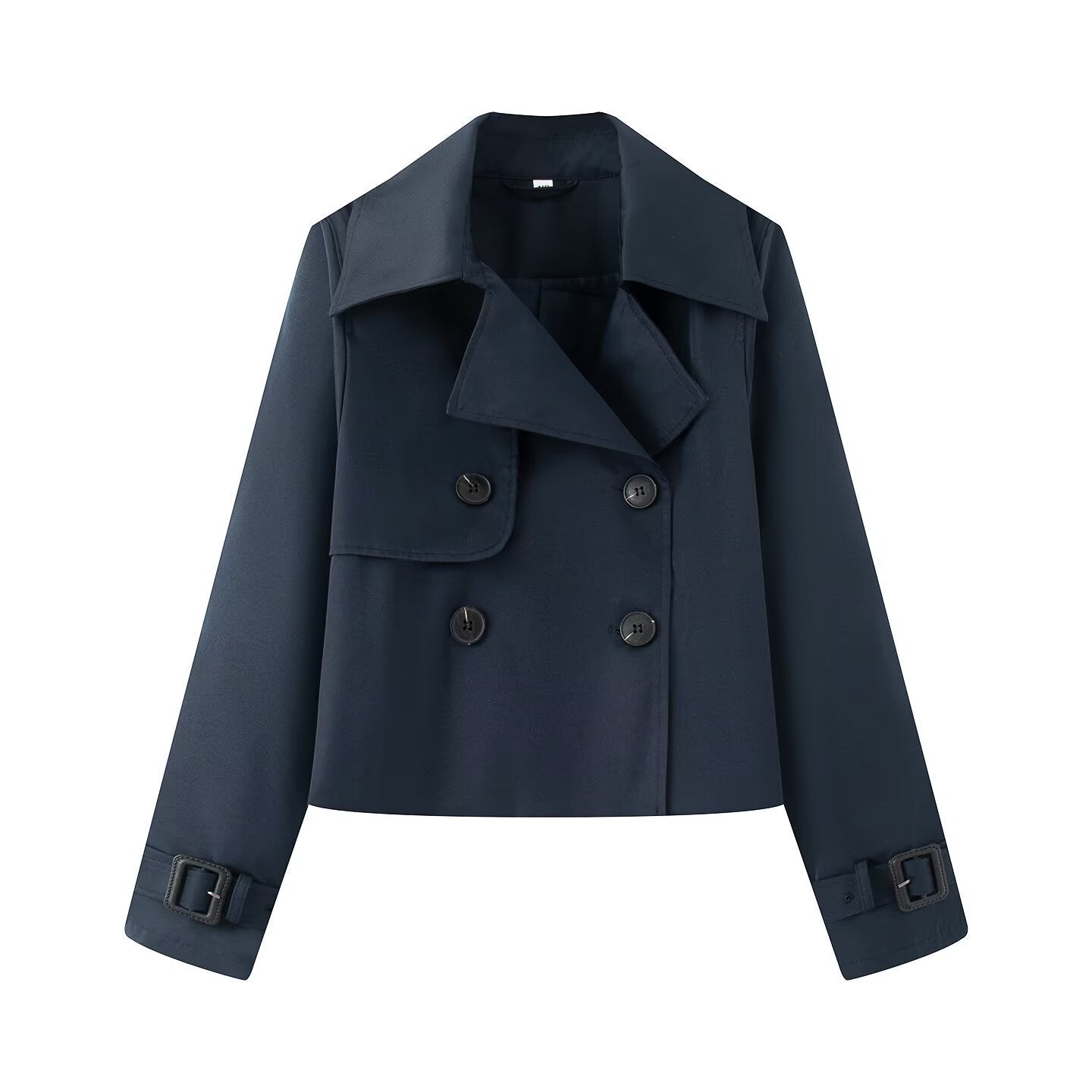 Women Cropped Double-breasted Trench Coat with Wide Lapels and Adjustable Cuffs Chichicherry