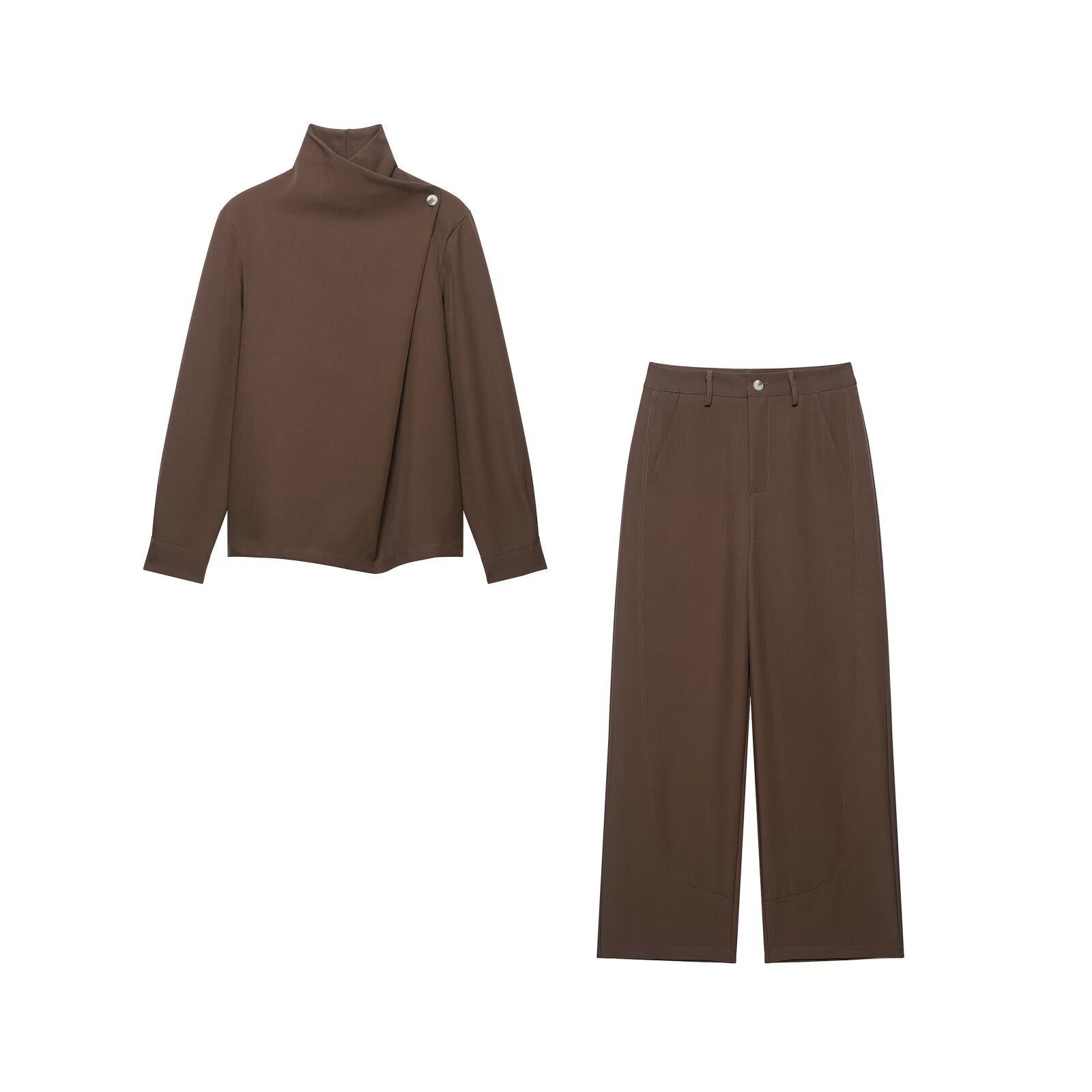 Ladies two-piece set with asymmetric turtleneck top and wide high-waisted pants Chichicherry