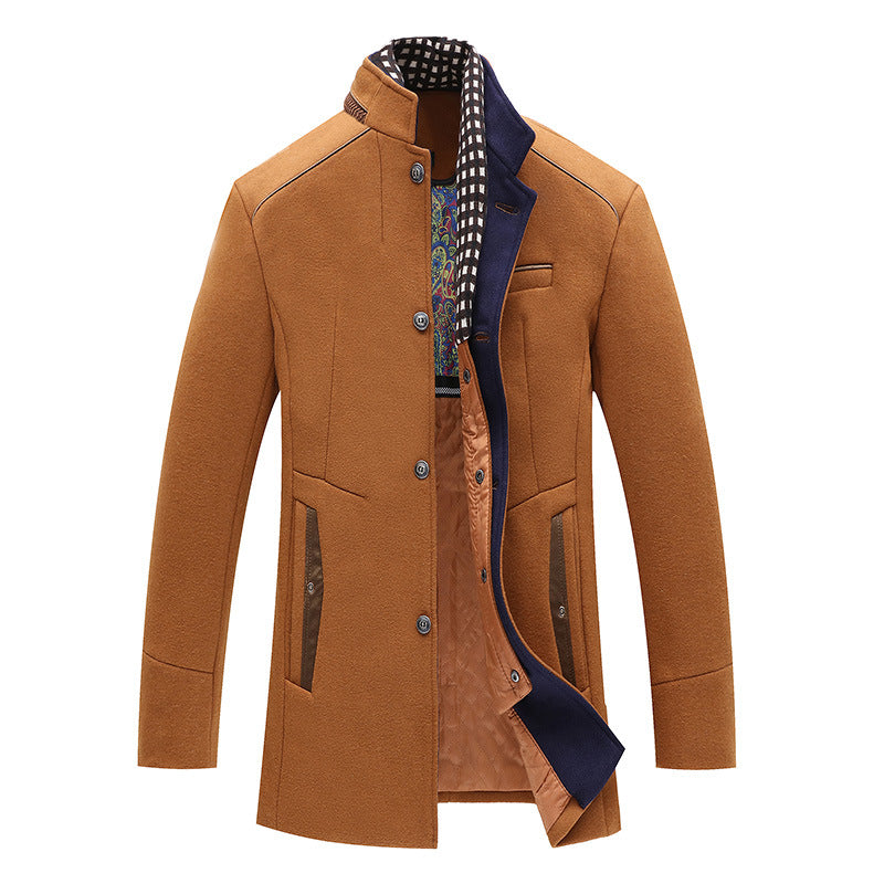Men's Modern Wool Blend Overcoat with Stand-up Collar, Tailored Silhouette and Quilted Inner Lining Chichicherry