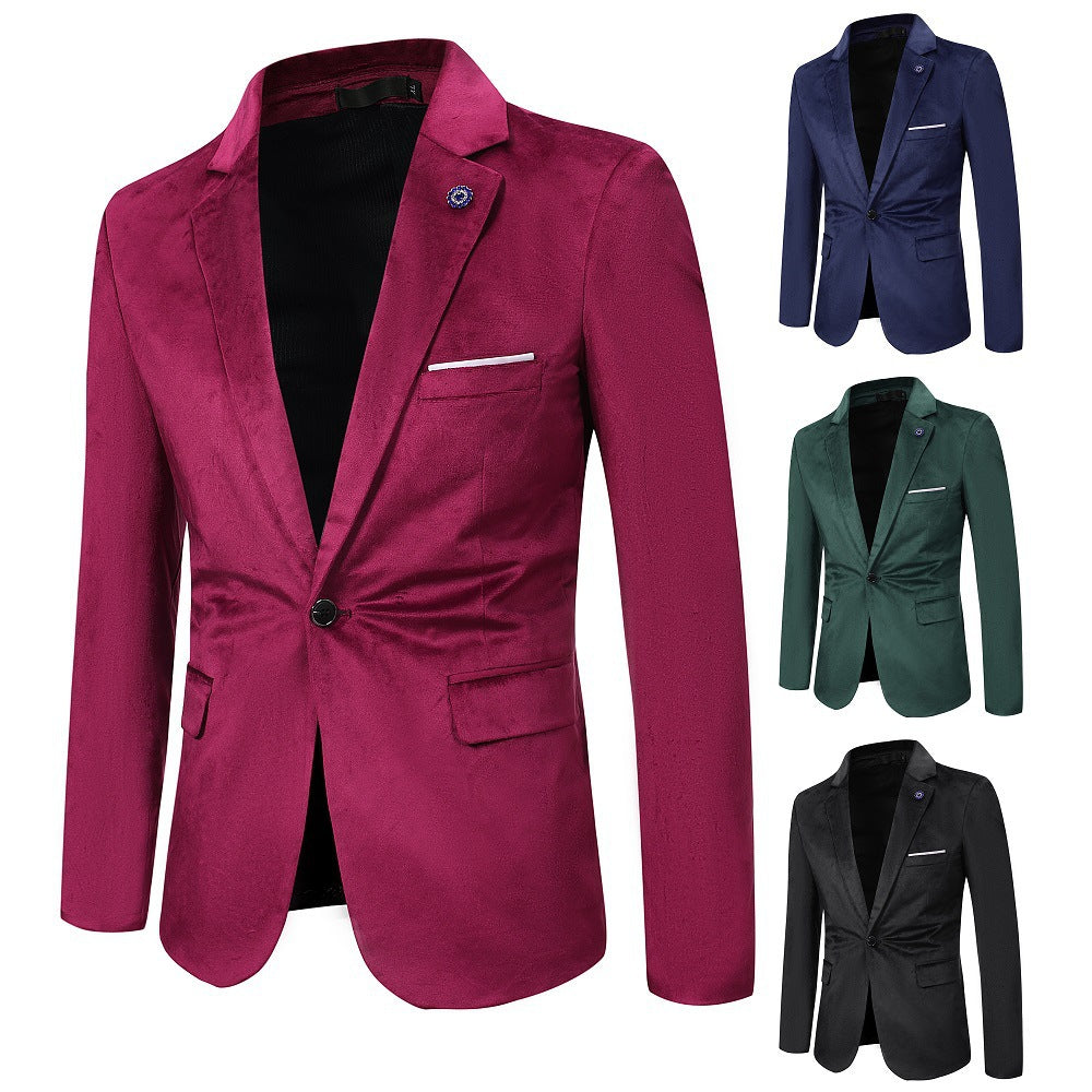 Men's Tailored Velvet Blazer with One Button, Lapel Collar and Flap Pockets Chichicherry