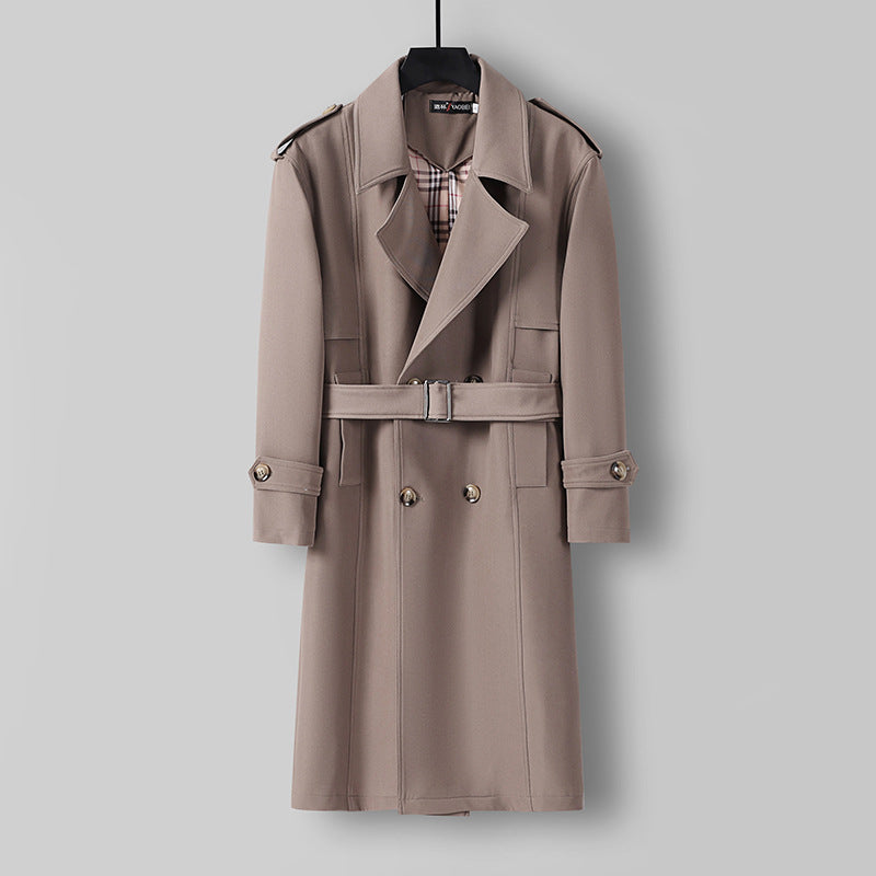 Men's Midi Length Double Breasted Trench Coat with Waist Belt, Notched Lapel and Checked Lining Chichicherry