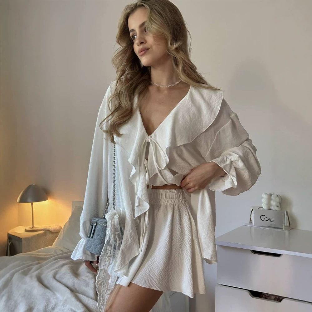 Women's Playful Ruffle Set made of lightweight Crepe Quality with Tie Blouse and A-Line Mini Skirt Chichicherry